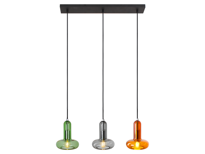 Pendelleuchte PERSEUS 3-flammig ausgefallene bunte Glasschirme, Breite 65cm
