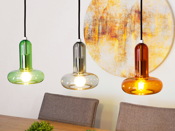 Pendelleuchte PERSEUS 3-flammig ausgefallene bunte Glasschirme, Breite 65cm