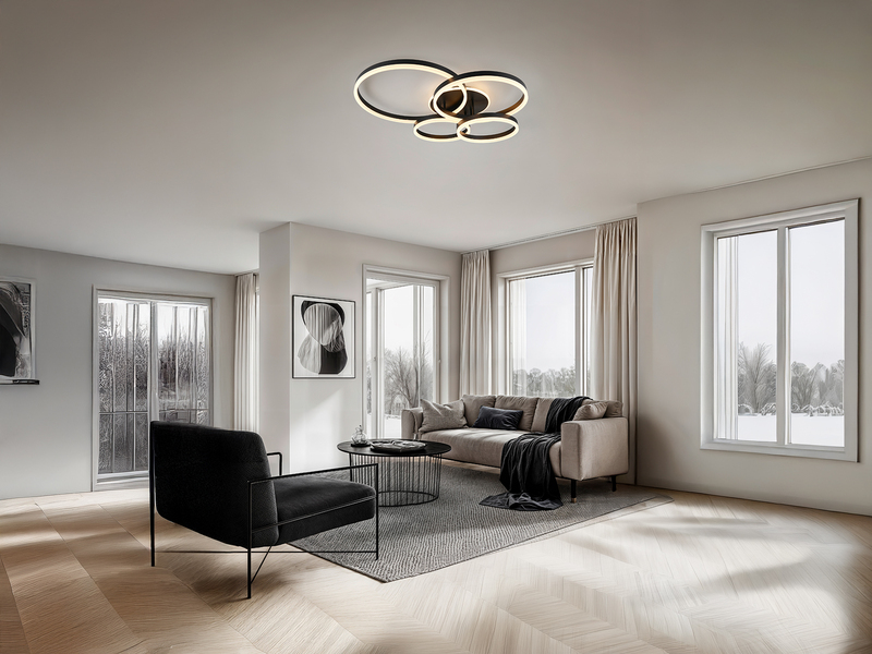 Deckenleuchte DRAKE Fernbedienung 4 LED Ringe dimmbar, Schwarz B: 80cm