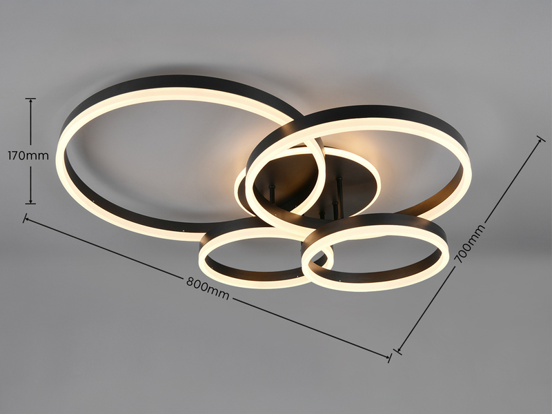 Deckenleuchte DRAKE Fernbedienung 4 LED Ringe dimmbar, Schwarz B: 80cm