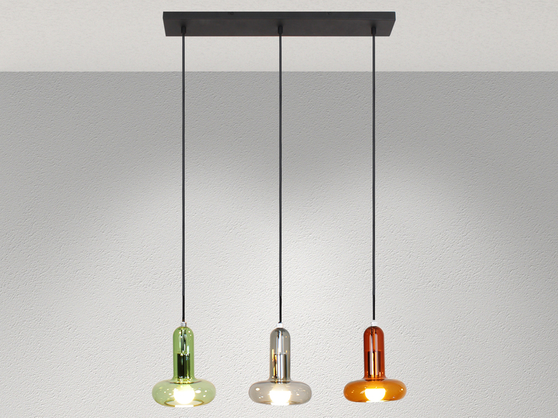 LED Pendelleuchte 3-flammig ausgefallene bunte Glasschirme, Breite 65cm