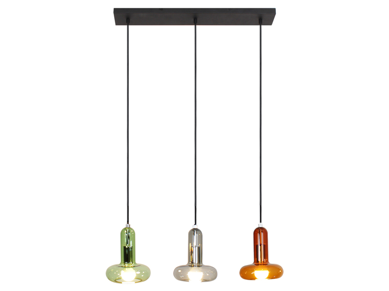 LED Pendelleuchte 3-flammig ausgefallene bunte Glasschirme, Breite 65cm