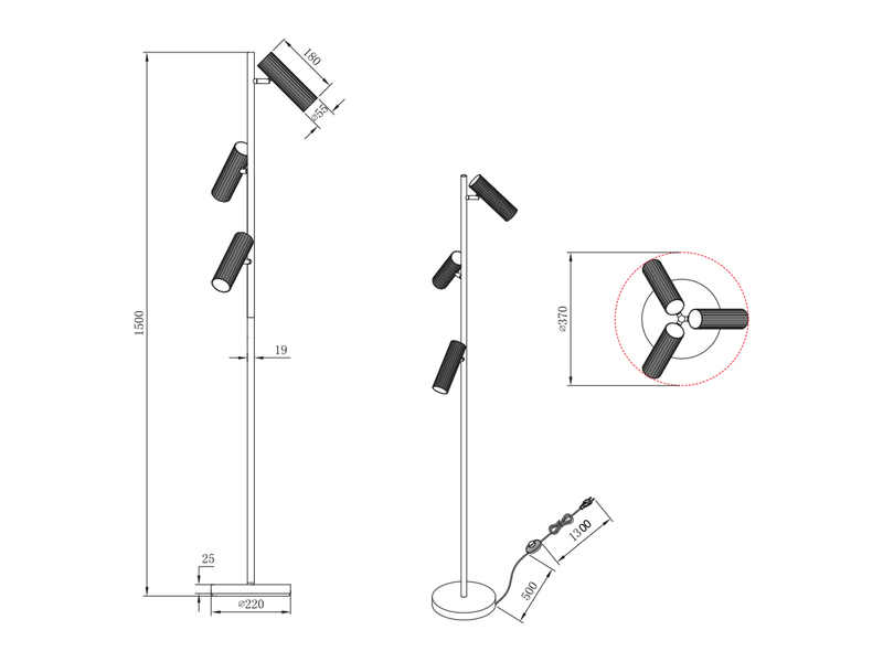 Moderne Stehlampe SOKA mit 3 schwenkbaren Spots, Weiß, Höhe 150cm