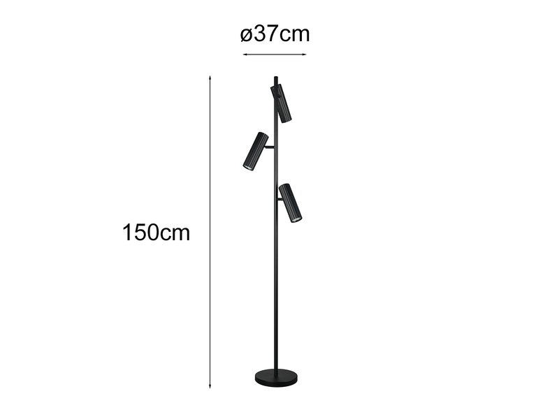 Moderne Stehlampe SOKA mit 3 schwenkbaren Spots, Schwarz, Höhe 150cm