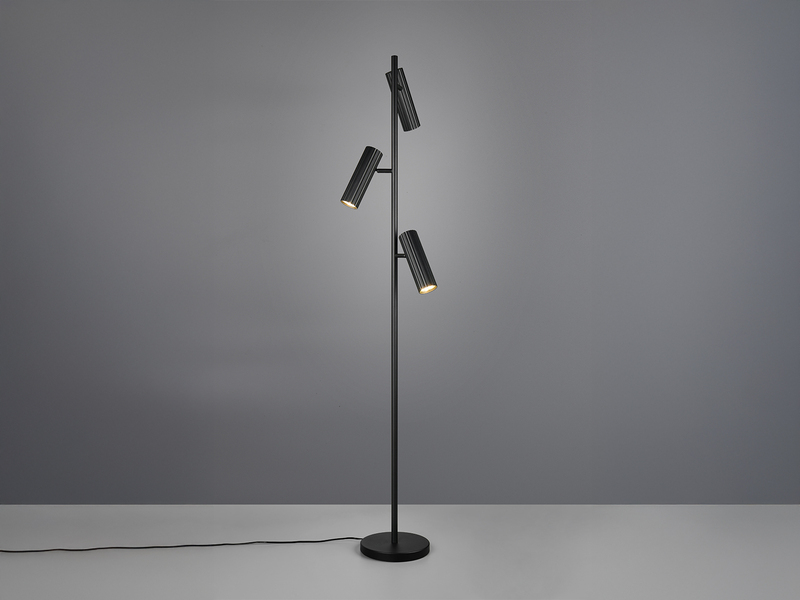 Moderne Stehlampe SOKA mit 3 schwenkbaren Spots, Schwarz, Höhe 150cm