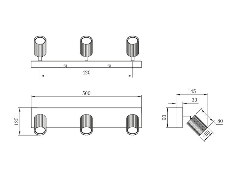 Deckenstrahler SOKA 3-flammig aus Metall Hellgrau, Breite 50cm