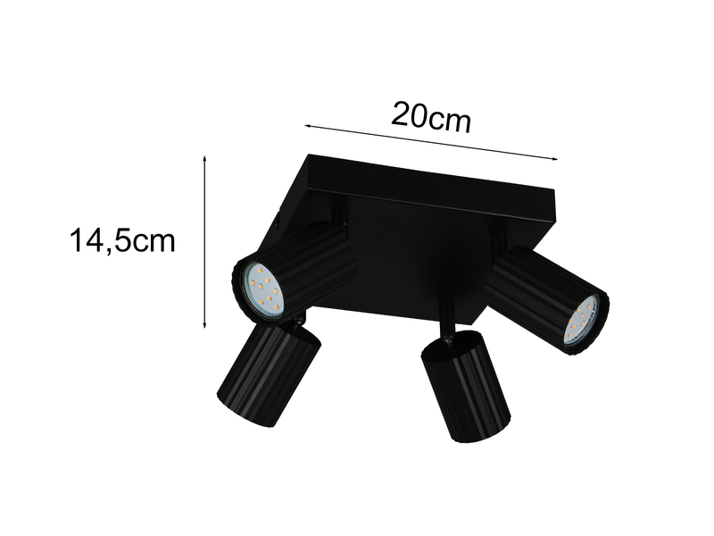 Deckenstrahler SOKA 4-flammig aus Metall Schwarz, Quadrat 20cm