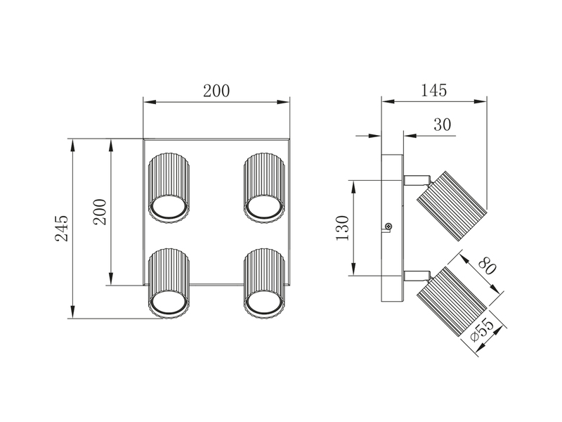 Deckenstrahler SOKA 4-flammig aus Metall Hellgrau, Quadrat 20cm