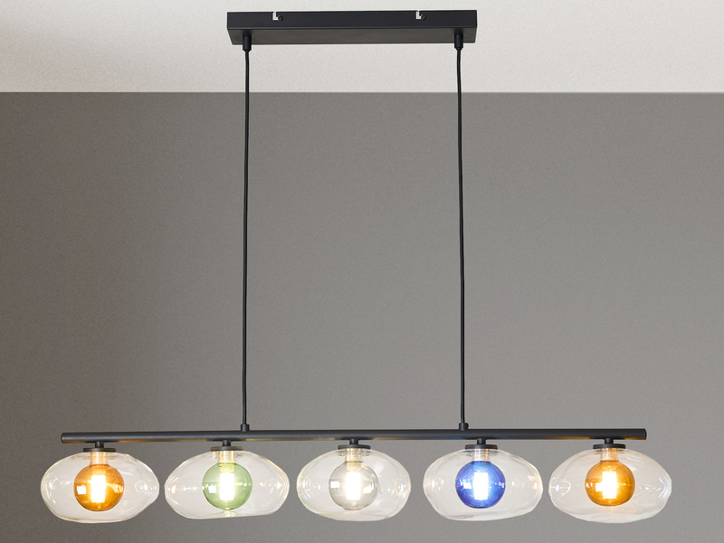 LED Pendelleuchte mehrflammig ausgefallene bunte Glaskugeln, Breite 98cm