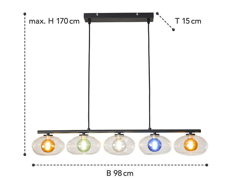LED Pendelleuchte mehrflammig ausgefallene bunte Glaskugeln, Breite 98cm