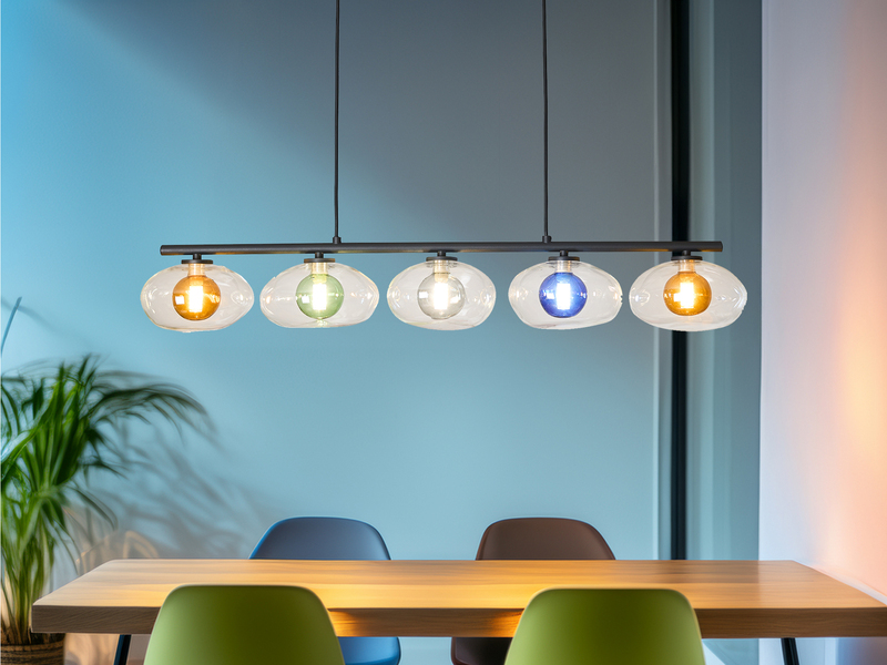 LED Pendelleuchte mehrflammig ausgefallene bunte Glaskugeln, Breite 98cm