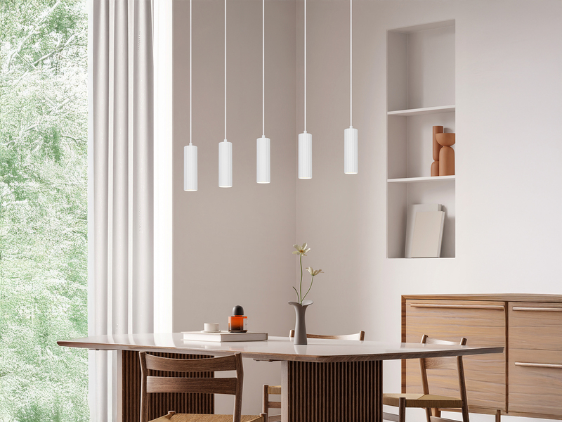 Moderne LED Pendelleuchte 5-flammig aus Metall Weiß, Breite 85cm