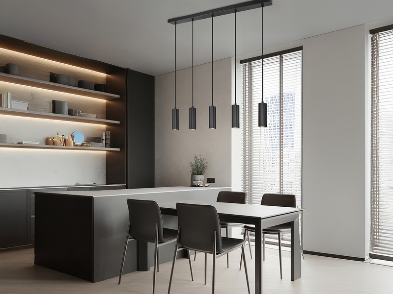 Moderne LED Pendelleuchte 5-flammig aus Metall Schwarz, Breite 85cm