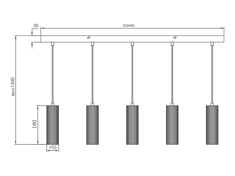 Moderne LED Pendelleuchte 5-flammig aus Metall Schwarz, Breite 85cm