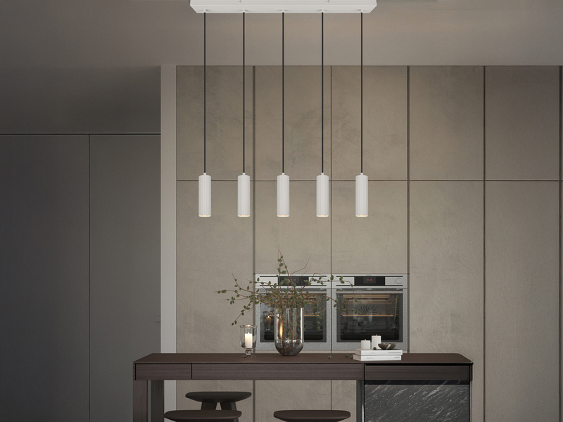 Moderne LED Pendelleuchte 5-flammig aus Metall Hellgrau, Breite 85cm