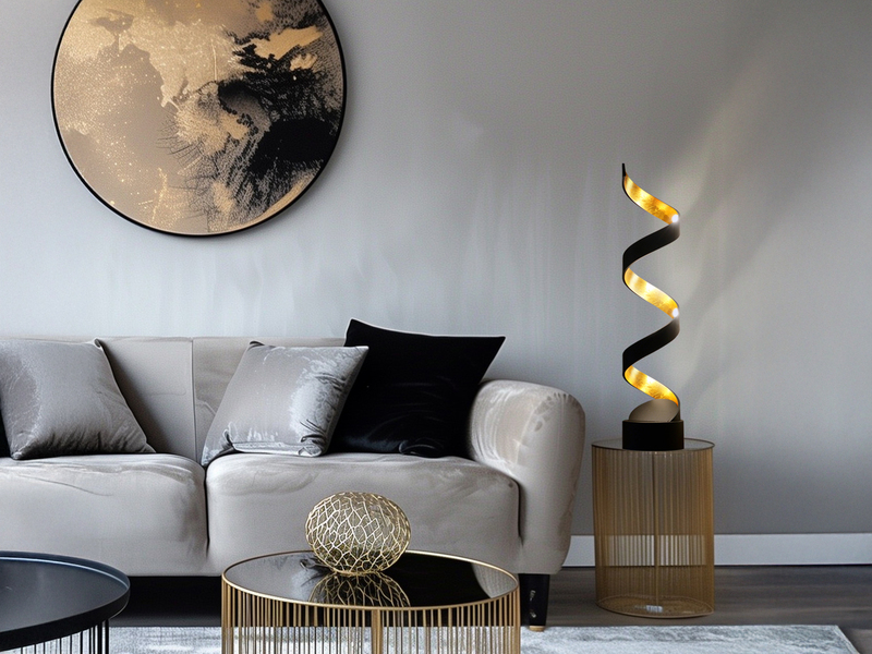 Ausgefallene LED Tischleuchte HELIX Schwarz / Gold groß, Höhe 66cm