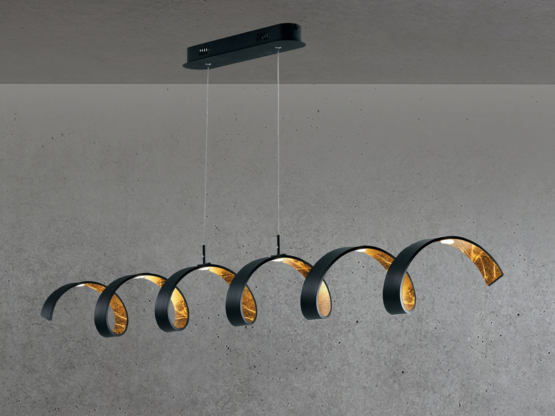 Dimmbare LED Pendelleuchte HELIX Schwarz / Gold, Breite 125cm