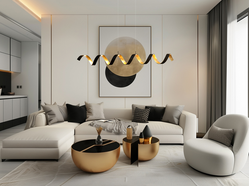 Dimmbare LED Pendelleuchte HELIX Schwarz / Gold, Breite 125cm
