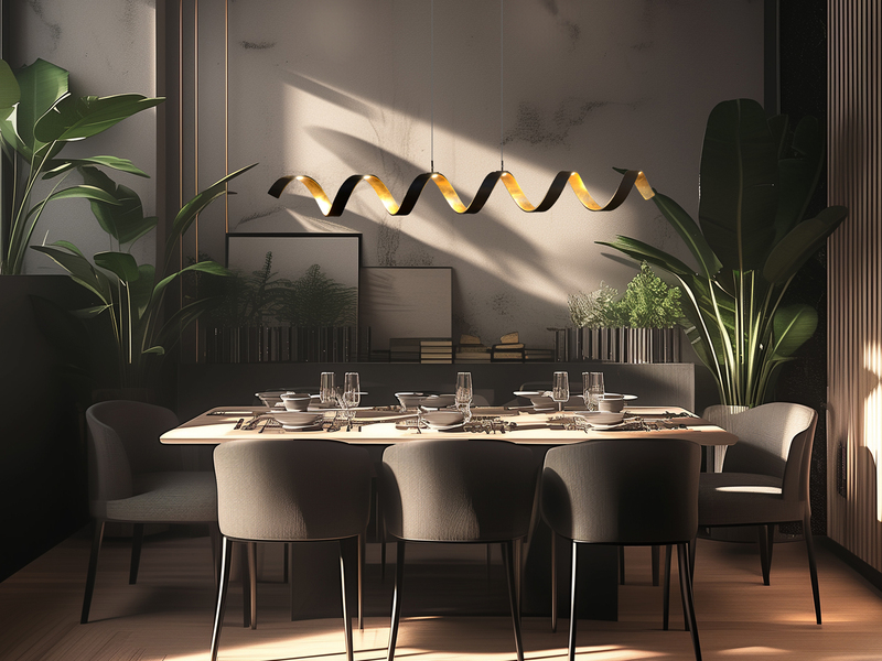Dimmbare LED Pendelleuchte HELIX Schwarz / Gold, Breite 125cm
