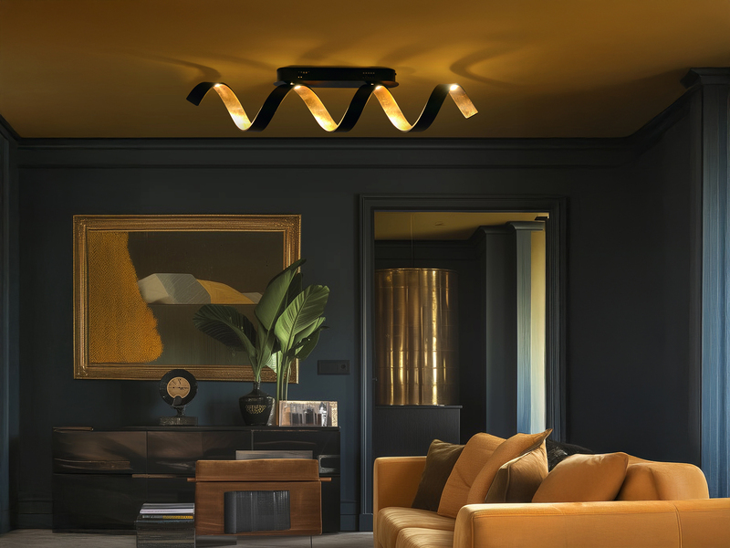 Ausgefallene LED Deckenlleuchte HELIX dimmbar Schwarz / Gold, Breite 80cm