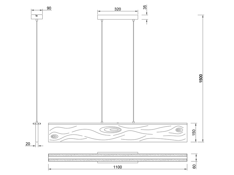 LED Pendelleuchte KALEA aus Naturholz dimmbar über Touch, Breite 110cm