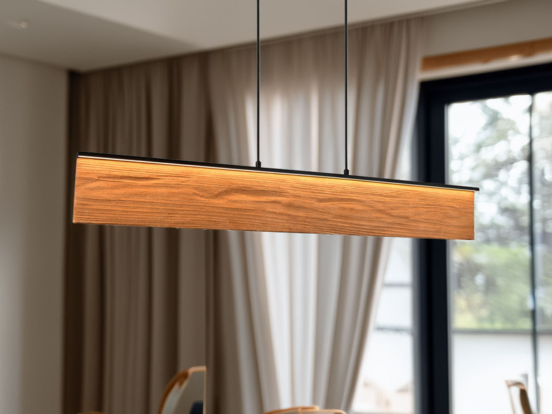 LED Pendelleuchte KALEA aus Naturholz dimmbar über Touch, Breite 110cm