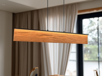 LED Pendelleuchte KALEA aus Naturholz dimmbar über Touch, Breite 110cm