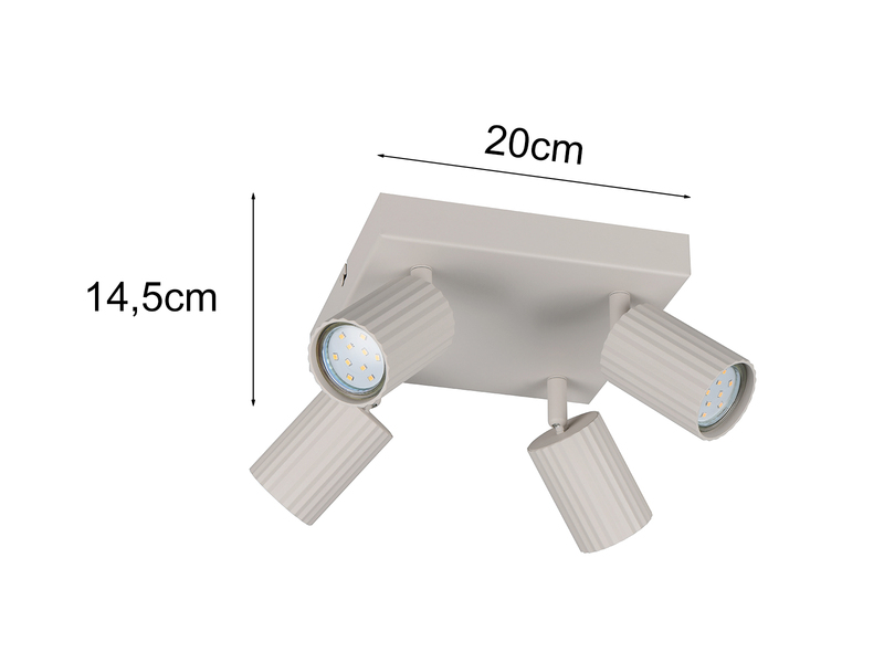 LED Deckenstrahler 4-flammig aus Metall Hellgrau, Quadrat 20cm