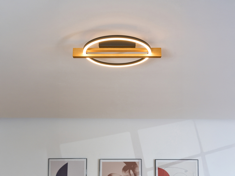 LED Deckenleuchte TOVAK flach, Holzbalken mit Metallring, Breite 39cm