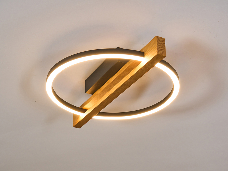 LED Deckenleuchte TOVAK flach, Holzbalken mit Metallring, Breite 39cm