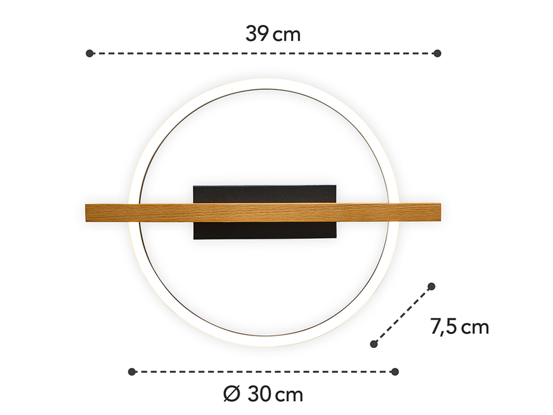 LED Deckenleuchte TOVAK flach, Holzbalken mit Metallring, Breite 39cm