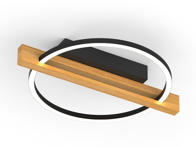 LED Deckenleuchte TOVAK flach, Holzbalken mit Metallring, Breite 39cm