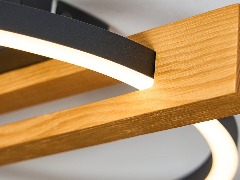 LED Deckenleuchte TOVAK flach, Holzbalken mit Metallring, Breite 39cm