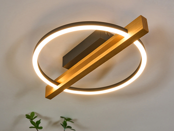 LED Deckenleuchte TOVAK flach, Holzbalken mit Metallring, Breite 39cm