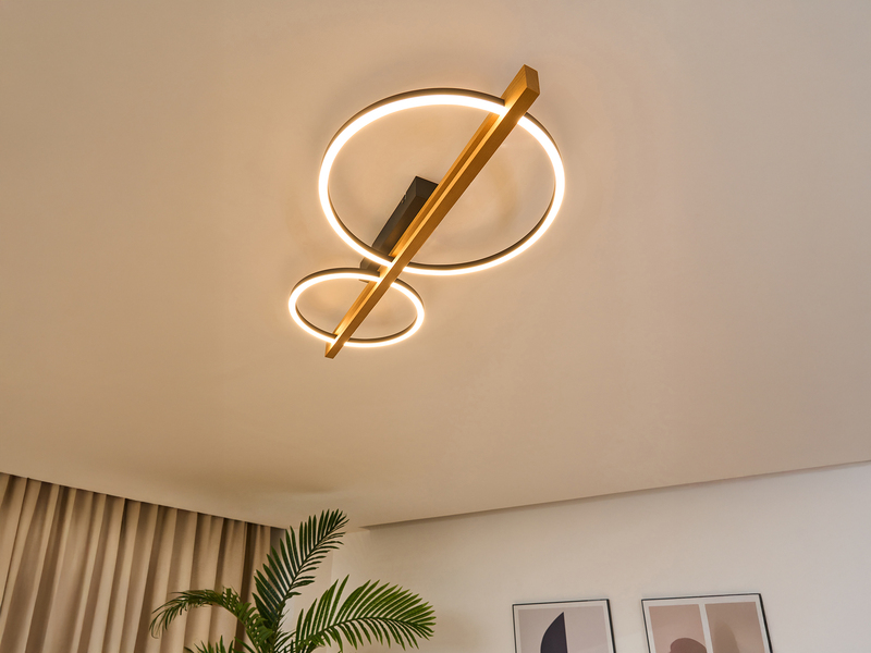 Große LED Deckenleuchte TOVAK flach, Holzbalken mit Metallringen, Breite 76cm