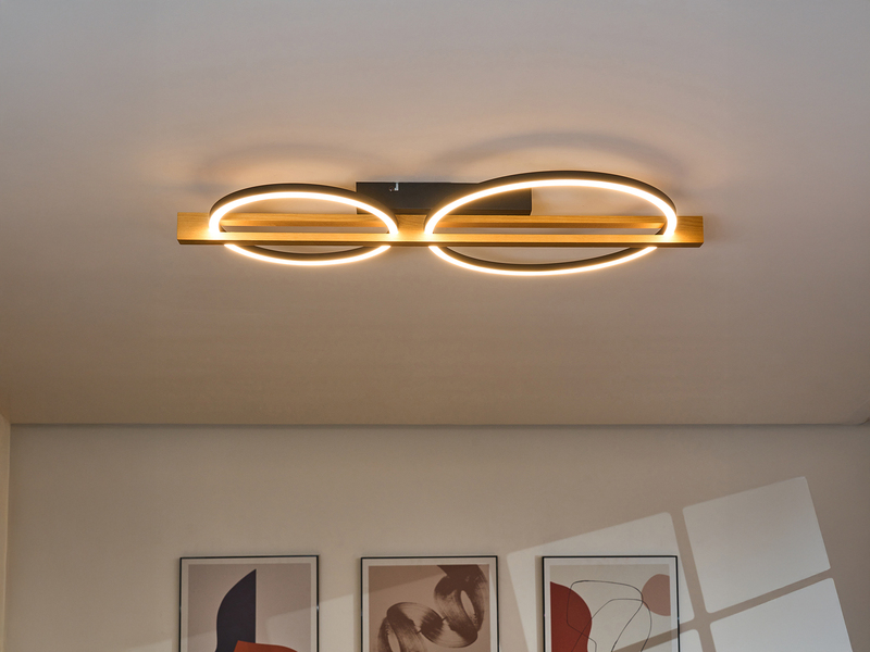 Große LED Deckenleuchte TOVAK flach, Holzbalken mit Metallringen, Breite 76cm