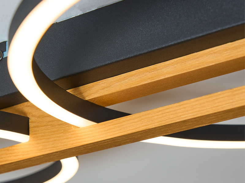 Große LED Deckenleuchte TOVAK flach, Holzbalken mit Metallringen, Breite 76cm