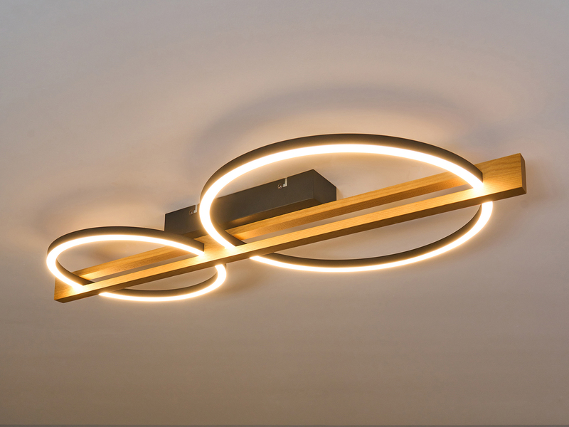 Große LED Deckenleuchte TOVAK flach, Holzbalken mit Metallringen, Breite 76cm