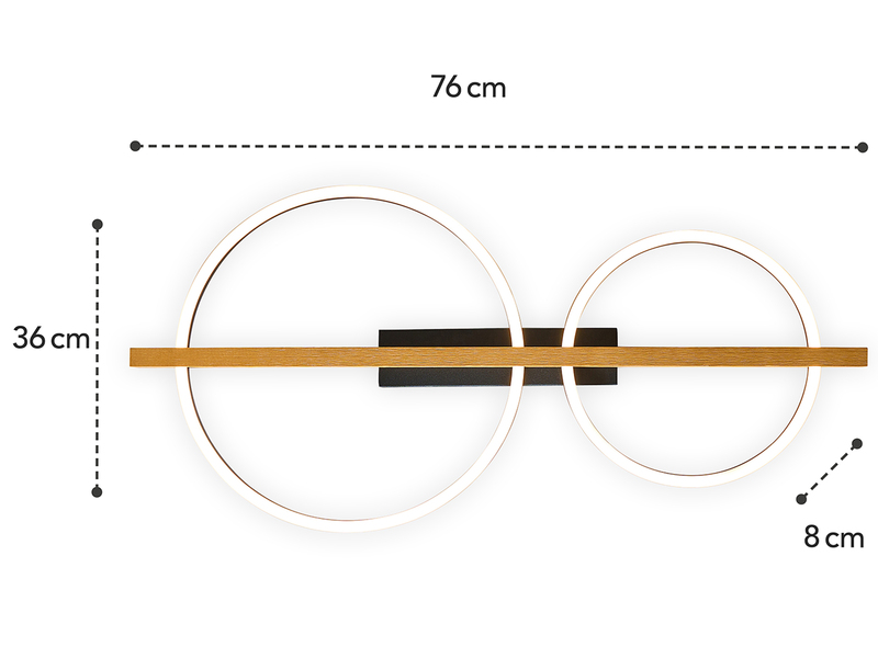 Große LED Deckenleuchte TOVAK flach, Holzbalken mit Metallringen, Breite 76cm