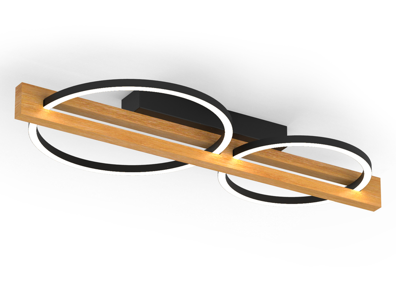 Große LED Deckenleuchte TOVAK flach, Holzbalken mit Metallringen, Breite 76cm