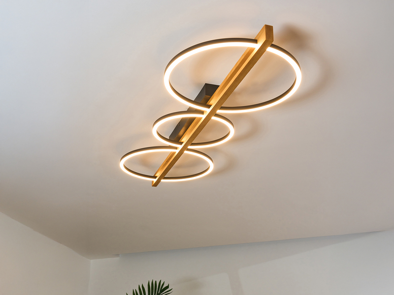 Große LED Deckenleuchte TOVAK dimmbar, Holzbalken mit Metallringen, Breite 115cm