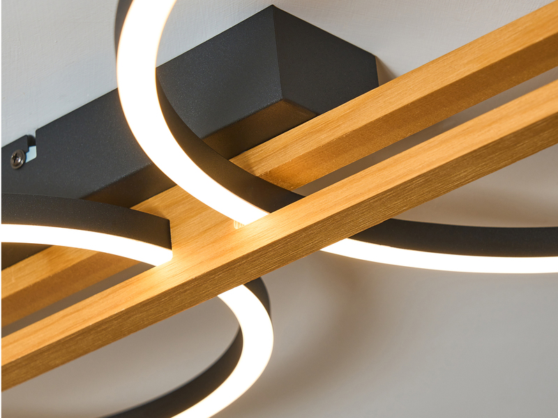 Große LED Deckenleuchte TOVAK dimmbar, Holzbalken mit Metallringen, Breite 115cm