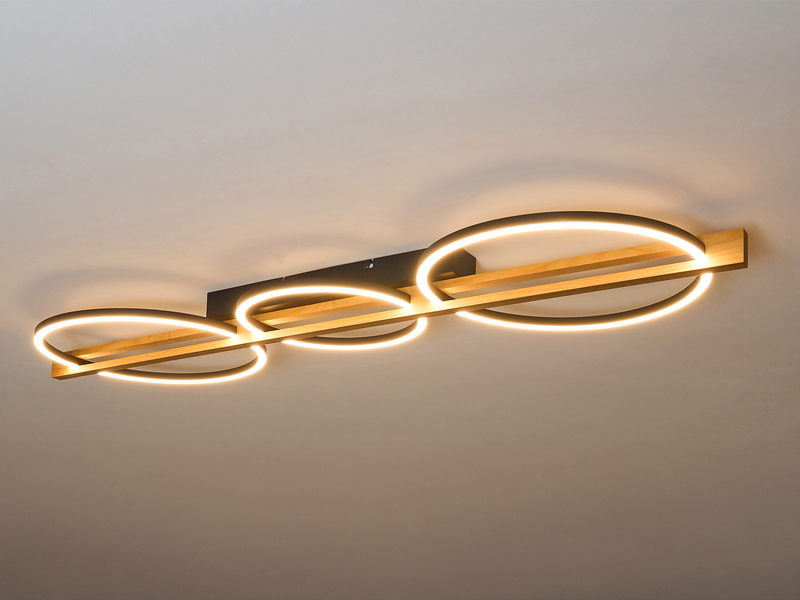 Große LED Deckenleuchte TOVAK dimmbar, Holzbalken mit Metallringen, Breite 115cm