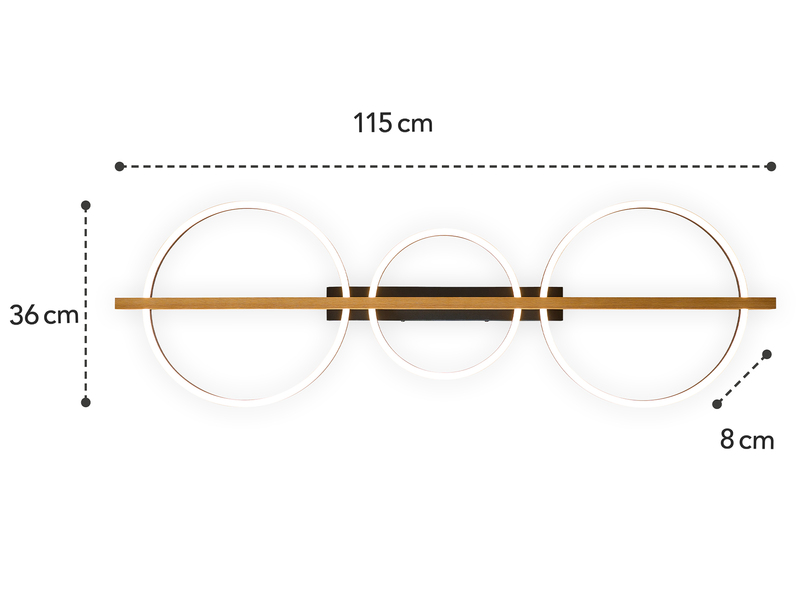 Große LED Deckenleuchte TOVAK dimmbar, Holzbalken mit Metallringen, Breite 115cm