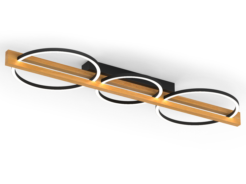 Große LED Deckenleuchte TOVAK dimmbar, Holzbalken mit Metallringen, Breite 115cm