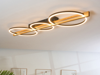 Große LED Deckenleuchte TOVAK dimmbar, Holzbalken mit Metallringen, Breite 115cm