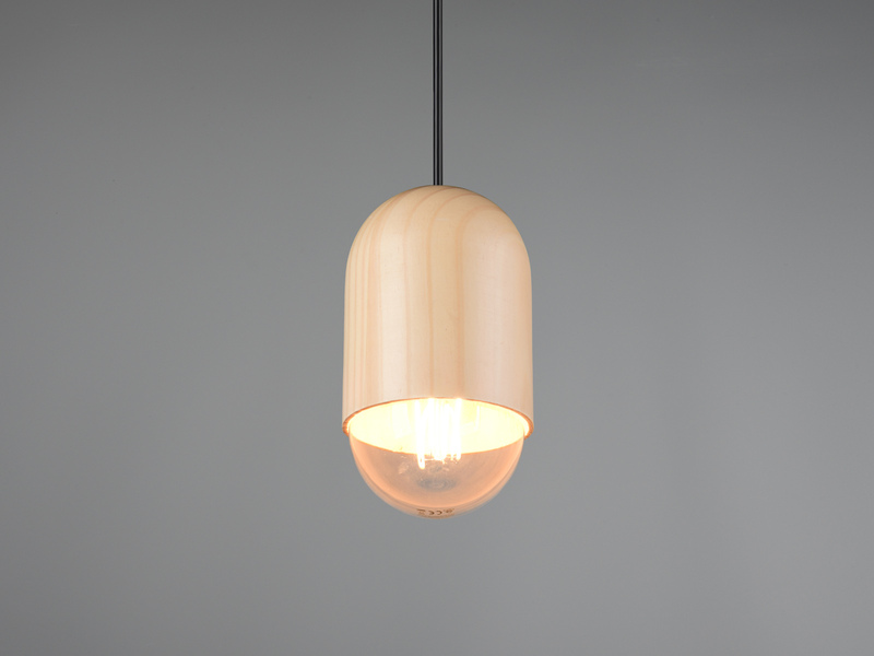 Kleine LED Pendelleuchte einflammig aus hellem Naturholz, Ø 10cm