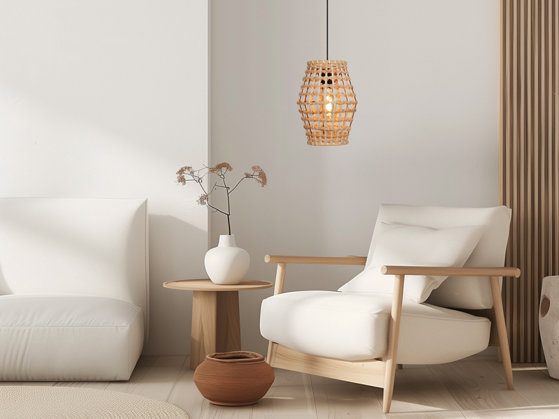 Kleine Pendelleuchte CAPELLA 1-flammig mit Lampenschirm aus Rattan, Ø 22cm