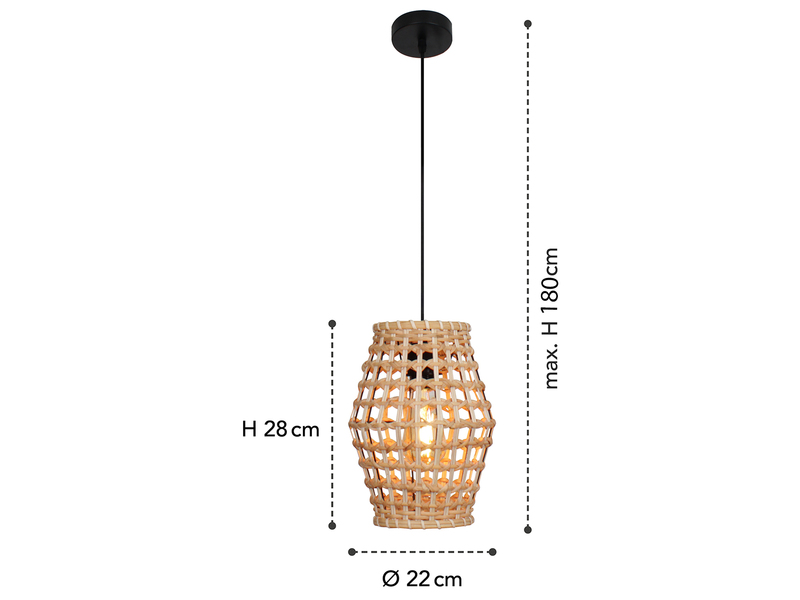 Kleine Pendelleuchte CAPELLA 1-flammig mit Lampenschirm aus Rattan, Ø 22cm