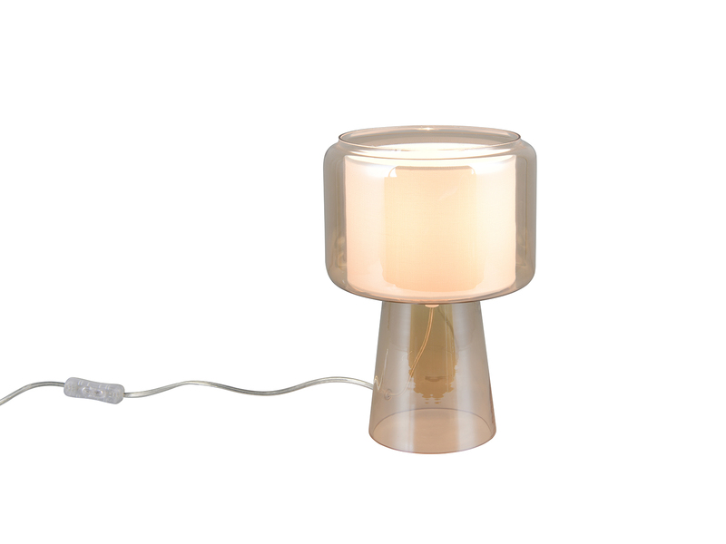 Tischlampe ROCKA aus Glas Bernsteinfarben mit Stoffschirm innen, Höhe 29cm